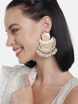 Laida - Gold-Plated & Beige Handcrafted Kundan Studded Crescent Shaped Chandbalis