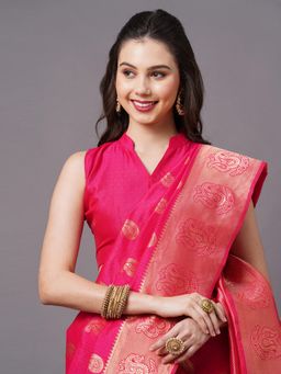 Akhilam - Pink Festive Silk Blend Woven Design Saree with Unstitched