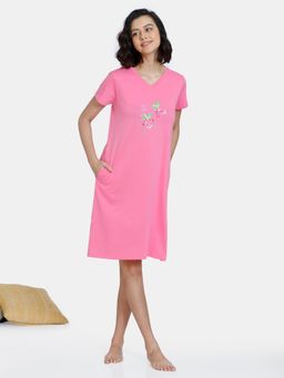 Zivame - Fruggies Knit Cotton Knee Length Nightdress - Azalea Pink