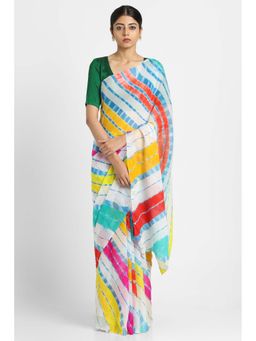 Via East - White Basant Chiffon Multi Leheriya Saree with Unstitched Blouse