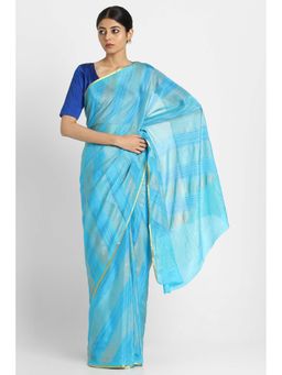 Via East - Blue Brush Print Crepe Saree with Unstitched Blouse