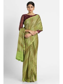 Via East - Green Brush Print Crepe Saree with Unstitched Blouse