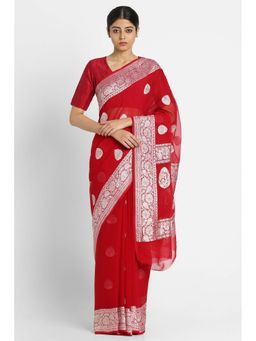 Via East - Red Georgette Banarasi Saree with Unstitched Blouse