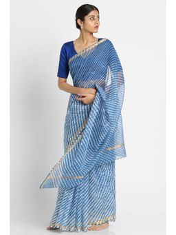 Via East - Vista Blue And White Reva Kota Cotton Leheriya Saree with Unstitched Blouse