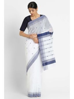 Via East - White And Navy Phool Buti Saree with Unstitched Blouse
