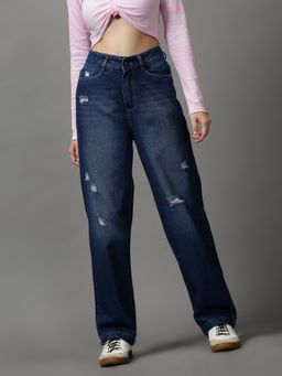 SHOWOFF - Women's Mildly Distressed Straight Fit Navy Blue Denim Jeans