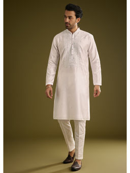KALKI FASHION - Off White Silk with Thread and Mirror Work Kurta with Pant (Set of 2)