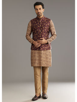 KALKI FASHION - Wine In Modal Chanderi with Printed Design Kurta with Pant & Jacket (Set of 3)
