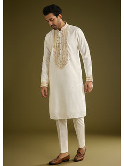 KALKI FASHION - Off White Silk with Mirror Thread Embroidered Yoke Kurta with Pant (Set of 2)