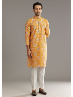 KALKI FASHION - Yellow Silk with Print Work Kurta with Pant (Set of 2)