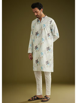 KALKI FASHION - White Linen Zipper with Abstract Leaf Motifs Kurta with Pant (Set of 2)