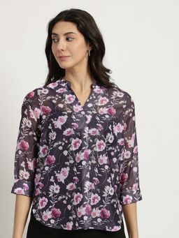 FableStreet - Sheer Chanderi Floral Top - Black