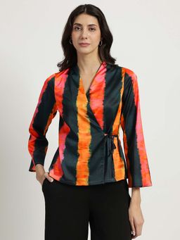 FableStreet - Satin Wrap Top - Green And Orange