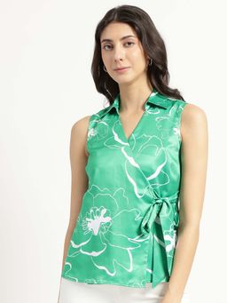FableStreet - Satin Floral Print Wrap Top - Green And White
