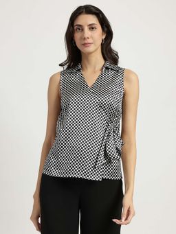FableStreet - Satin Check Wrap Top - Black And White