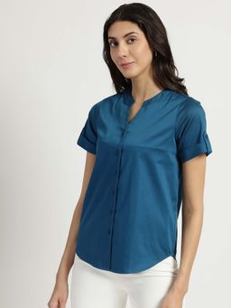 FableStreet - V Neck Button Detail Shirt - Blue