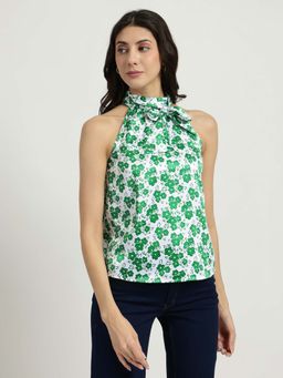 FableStreet - Satin Halter Neck Top - Green And White
