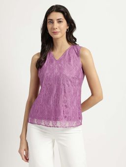 FableStreet - V Neck Lace Top - Lavender