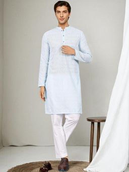 Gahan - Floral Embroidered Mandarin Collar Straight Kurta - Blue