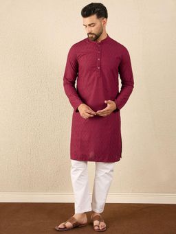 Gahan - Floral Embroidered Mandarin Collar Straight Pure Cotton Kurta - Maroon