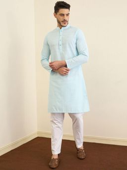 Gahan - Floral Embroidered Thread Work Mandarin Collar Cotton Straight Kurta - Blue
