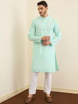 Gahan - Floral Embroidered Thread Work Mandarin Collar Cotton Straight Kurta - Green