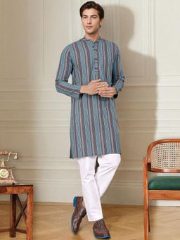 Gahan - Rustic Striped Woven Design Mandarin Collar Cotton Straight Kurta - Grey