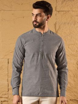 Gahan - Mandarin Collar Pure Cotton Straight Short Kurta - Grey