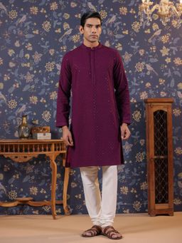Gahan - Mandarin Collar Embroidered Straight Kurtas - Burgundy