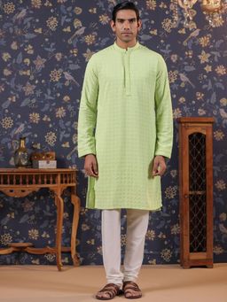 Gahan - Lime Green Embroidered Mandarin Collar Straight Kurta - Green