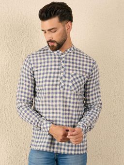 Gahan - Men Checked Mandarin Collar Pure Cotton Short Kurta - Navy Blue