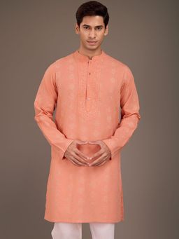 Gahan - Floral Embroidered Pure Cotton Chikankari Straight Kurta - Rust