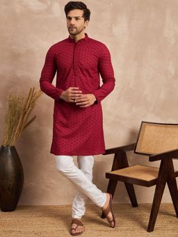 Gahan - Ethnic Motifs Embroidered Thread Work Pure Cotton Straight Kurta - Maroon