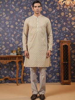 Gahan - Men Printed Pure Cotton Mandarin Collar Neck Straight Kurta - Beige