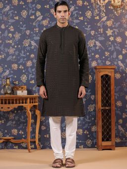 Gahan - Ethnic Motifs Embroidered Mandarin Collar Sequinned Detail Straight Kurta - Brown