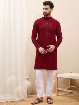 Gahan - Woven Design Mandarin Collar Sequinned Straight Kurta - Maroon
