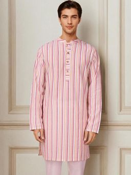 Gahan - Striped Band Collar Pure Cotton Kurta - Pink