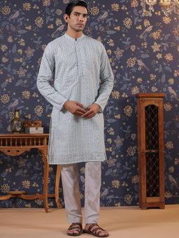 Gahan - Ethnic Motifs Embroidered Mandarin Collar Cotton Straight Kurta - Blue