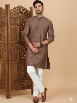 Gahan - Ethnic Motifs Printed Mandarin Collar Neck Straight Kurta - Brown