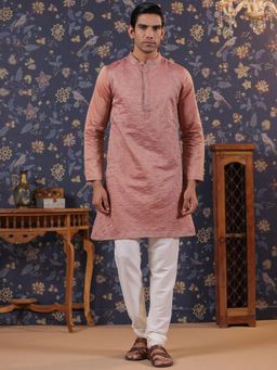 Gahan - Geometric Embroidered Mandarin Collar Thread Work Straight Kurta - Coral