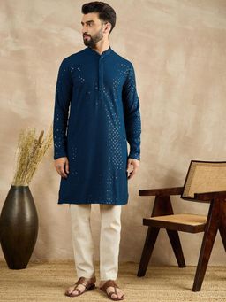 Gahan - Geometric Embroidered Mandarin Collar Sequinned Straight Kurta - Blue