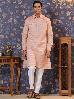 Gahan - Woven Shirt Collar Cuffed Sleeves Pure Cotton Straight Kurta - Peach