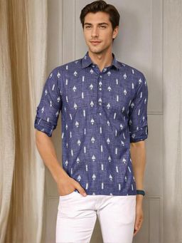 Gahan - Embroidered Shirt Collar Pure Cotton Kurta - Blue