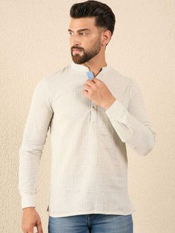 Gahan - Men White Striped Mandarin Collar Cotton Short Kurta - Off White
