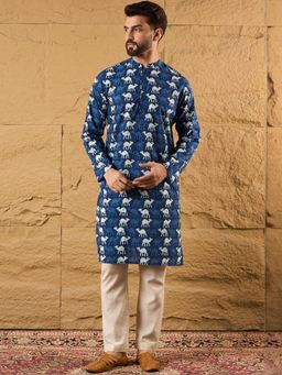 Gahan - Printed Mandarin Collar Pure Cotton Straight Kurta - Blue