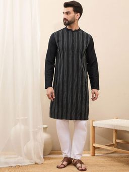 Gahan - Striped Thread Work Mandarin Collar Straight Kurta - Black