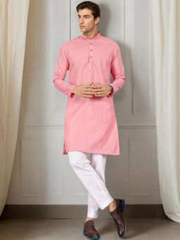 Gahan - Striped Band Collar Straight Kurta - Pink