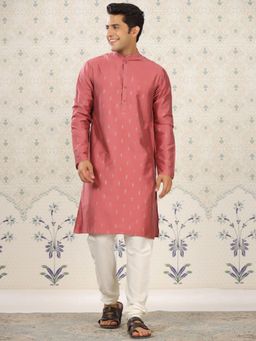 Gahan - Pink Ethnic Motifs Woven Mandarin Collar Straight Kurta - Pink