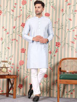 Gahan - Geometric Foil Printed Mandarin Collar Long Sleeves Straight Kurta - Blue