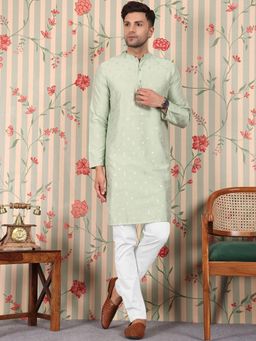 Gahan - Foil Printed Mandarin Collar Long Sleeves Straight Kurta - Green